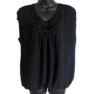 Studio M Womens Black Blouse Large Crochet Neck Boho Peasant Top NWT New
